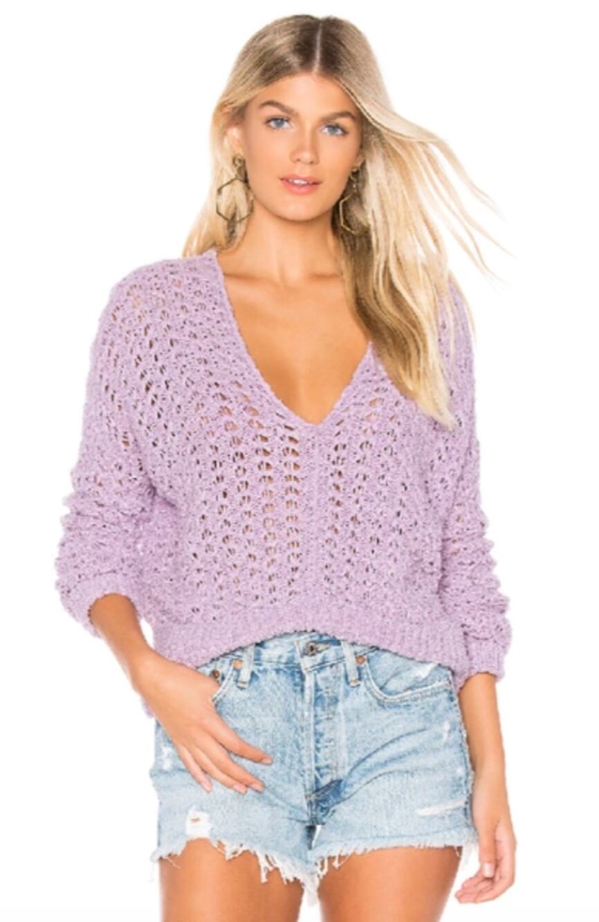 FREE PEOPLE Purple Best of You Sweater Ribbon Knit Plunge Neck Size Medium M